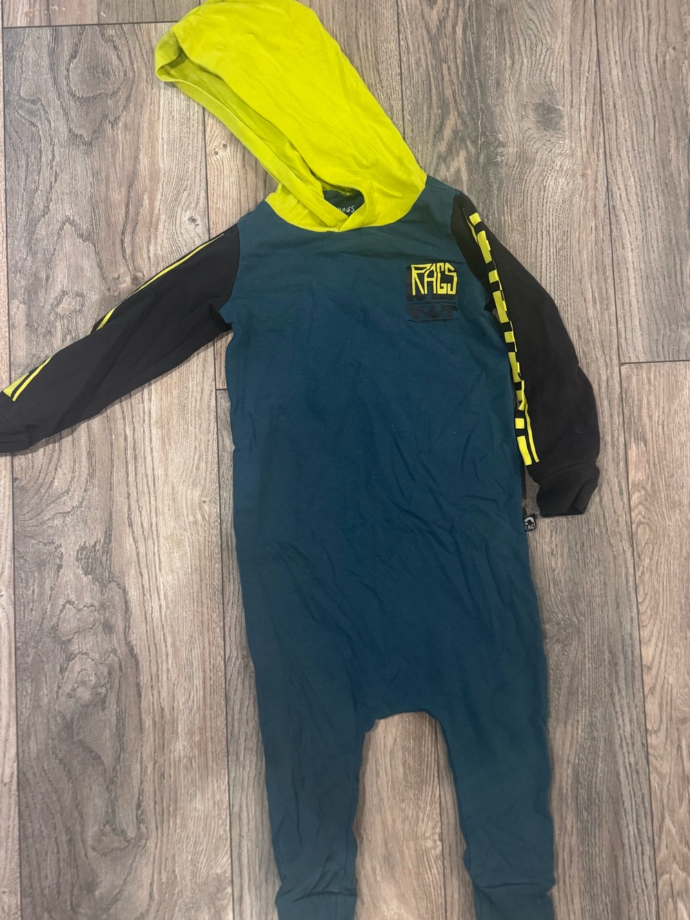 Rags to Raches Teal Body Neon Yellow Hood and Black Sleeve Kids One-Piece